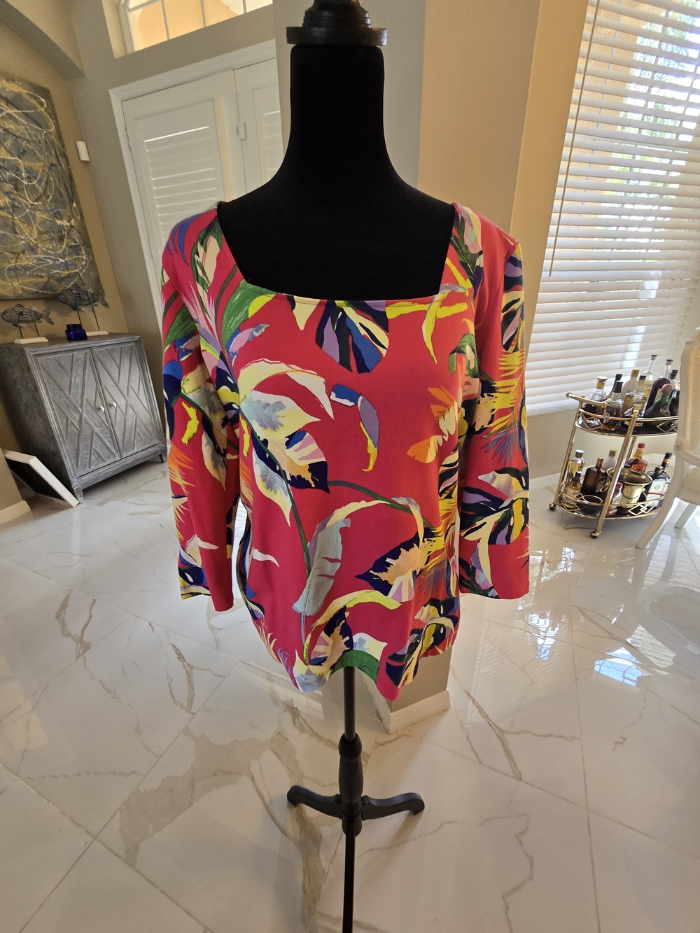 Boston Proper Bright Pink Tropical Floral Square-Neck Tunic